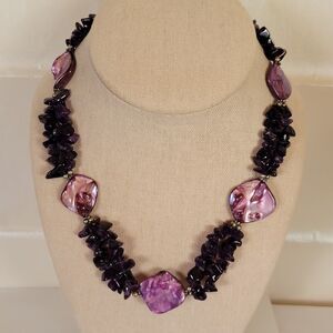 Natural Tumbled Amethyst with Shell Accent Necklace 18 in.